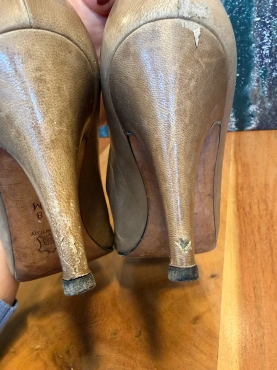 Yves Saint Laurent Vintage 90s Quiet Luxury Leather Peep Toe Heels Taupe/Tan - Picture 16 of 17